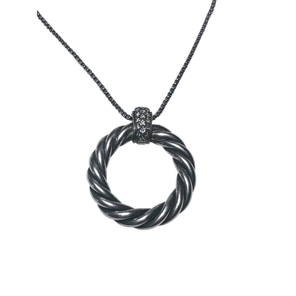 David Yurman Cable Circle Diamond Sterling Silver Large Pendant Necklace